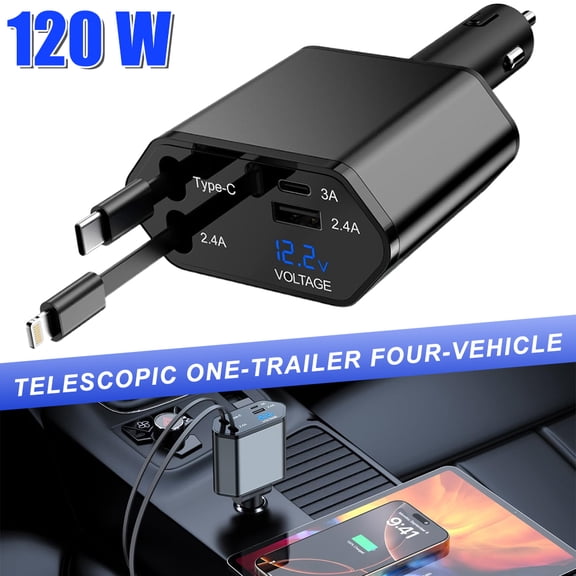 4 in 1 Retractable Car Charger, 120W Fast USB C Car Phone Charger with Voltage Display, Dual Retractable Type-C & iPhone Cables USB A PD Port Multi Port Car Adapter