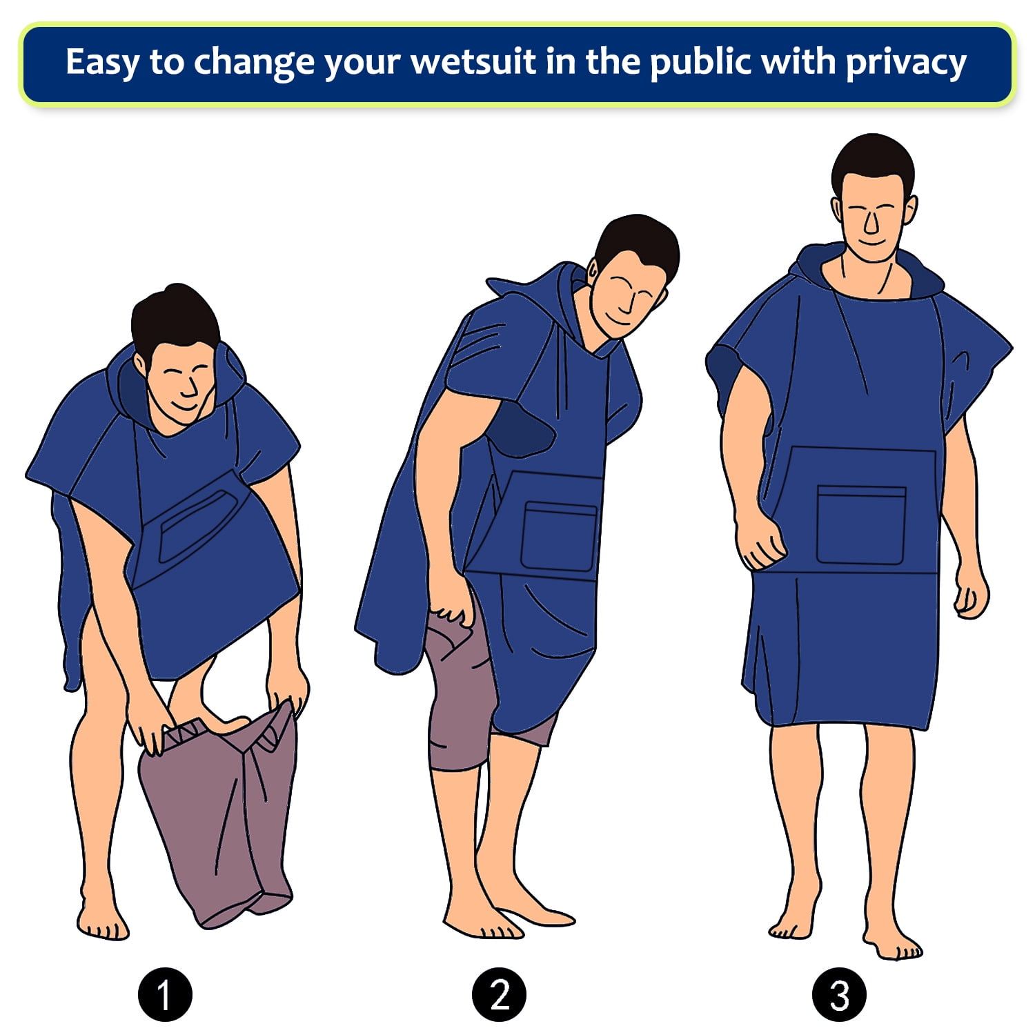 Catalonia Surf Beach Changing Towel With Hood, Absorbent Microfiber Robe Poncho, Men & Women, Navy
