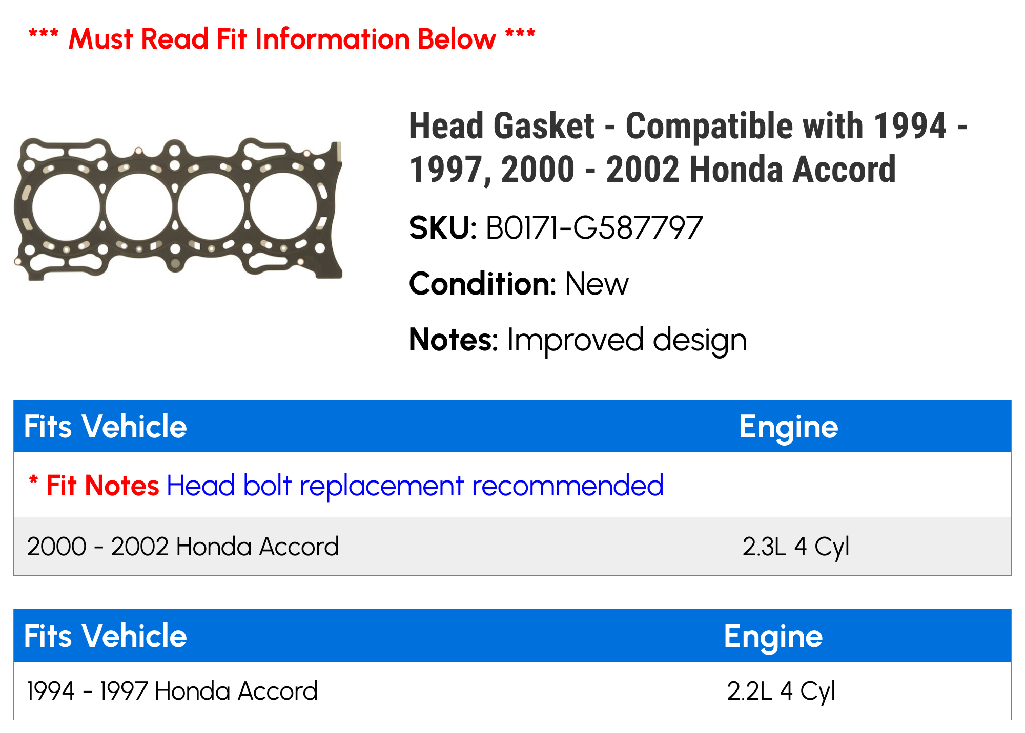Head Gasket Compatible with 1994 1997, 2000 2002 Honda Accord 1995  1996 2001