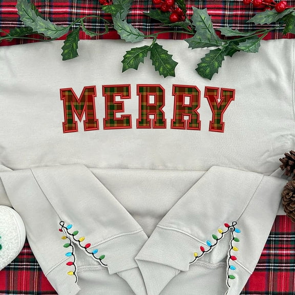 Side Christmas Lights Embroidered Sweatshirt, Merry Buffalo Plaid Shirts, Retro Side Cut Shirt, Side Bow Applique Sweatshirt Christmas