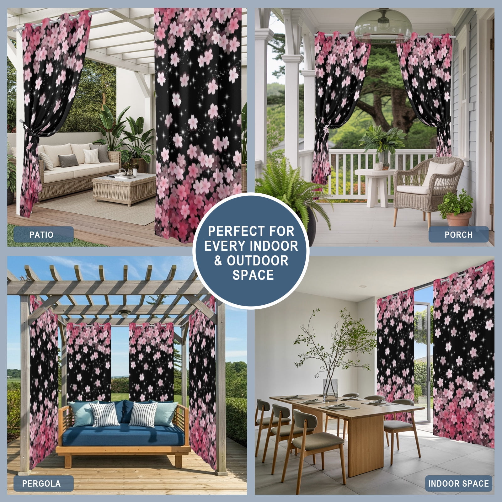 Cherry Blossom Outdoor Curtains for Patio, Pink Gradient Floral Botanical Sunshade Privacy Drapes Grommet Waterproof Outside Curtains for Porch/Cabana/Balcony 54"x 108", 1 Panel