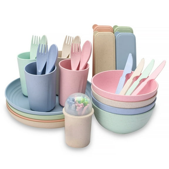 29 Pcs Wheat Straw Dinnerware, Unbreakable and Lightweight Microwave & Dishwasher Safe Serving Bowls, Cups, Plates, Chopsticks, Forks, Spoons Set, Dish Bowl for Kids or Picnics (Sets of 4 )