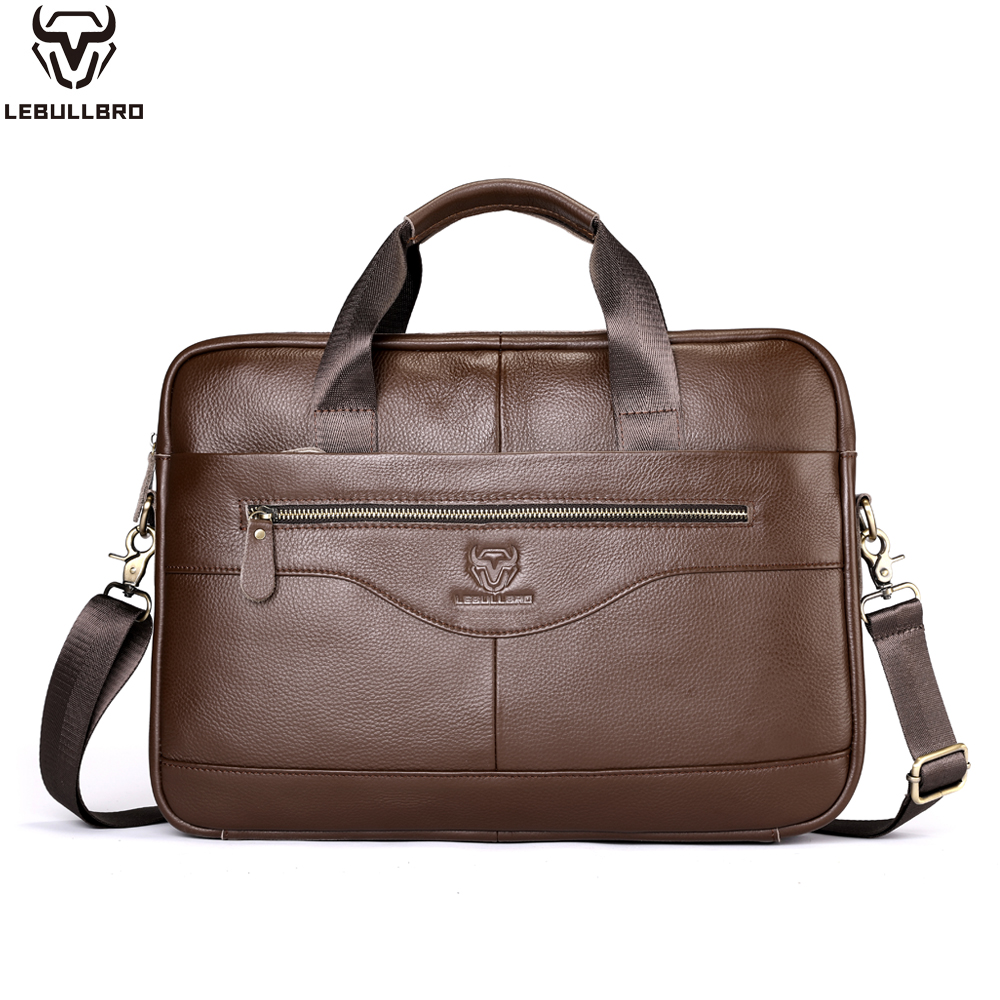 LEBULLBRO Mens Genuine Leather Briefcase Shoulder Messenger Bags Work Laptop Bag Coffee