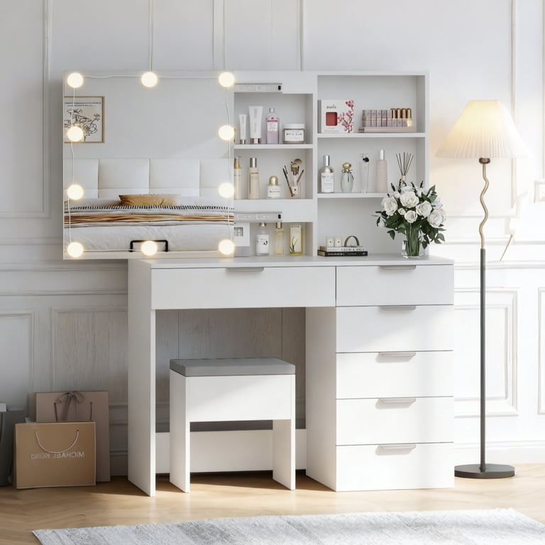 Ktaxon Vanity Set with Lighted Mirror, 6 Drawers, Stool, White