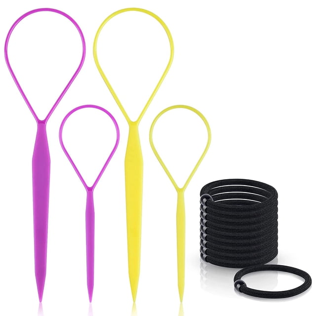 Topsy Tail Hair Tools, 4 Pcs Hair Loop Styling Tool Topsy Tail Loop French Braid Loop Tool Topsy Tail Kit with 10pcs Hair Ties, 2 Colors