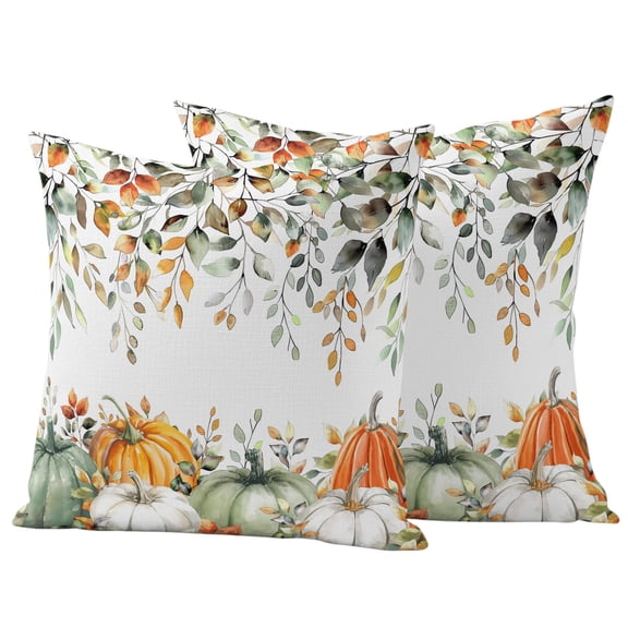 Green Pumpkin Outdoor Pillow Covers 16"x16" Set of 2,Waterproof Throw Pillow Covers for Patio Furniture,Thanksgiving Orange Sage Eucalyptus Decorative Cushion Pillowcases for Garden Porch Couch Sofa