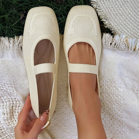 Woman Mary Jane, Flats Shoes Women, Mary Jane Sneakers for Women, Women's Mary Jane Flats Shoes Square Toe Casual Ballet Flats Comfortable Knit Dress Shoes for Women Work Office, Beige 6