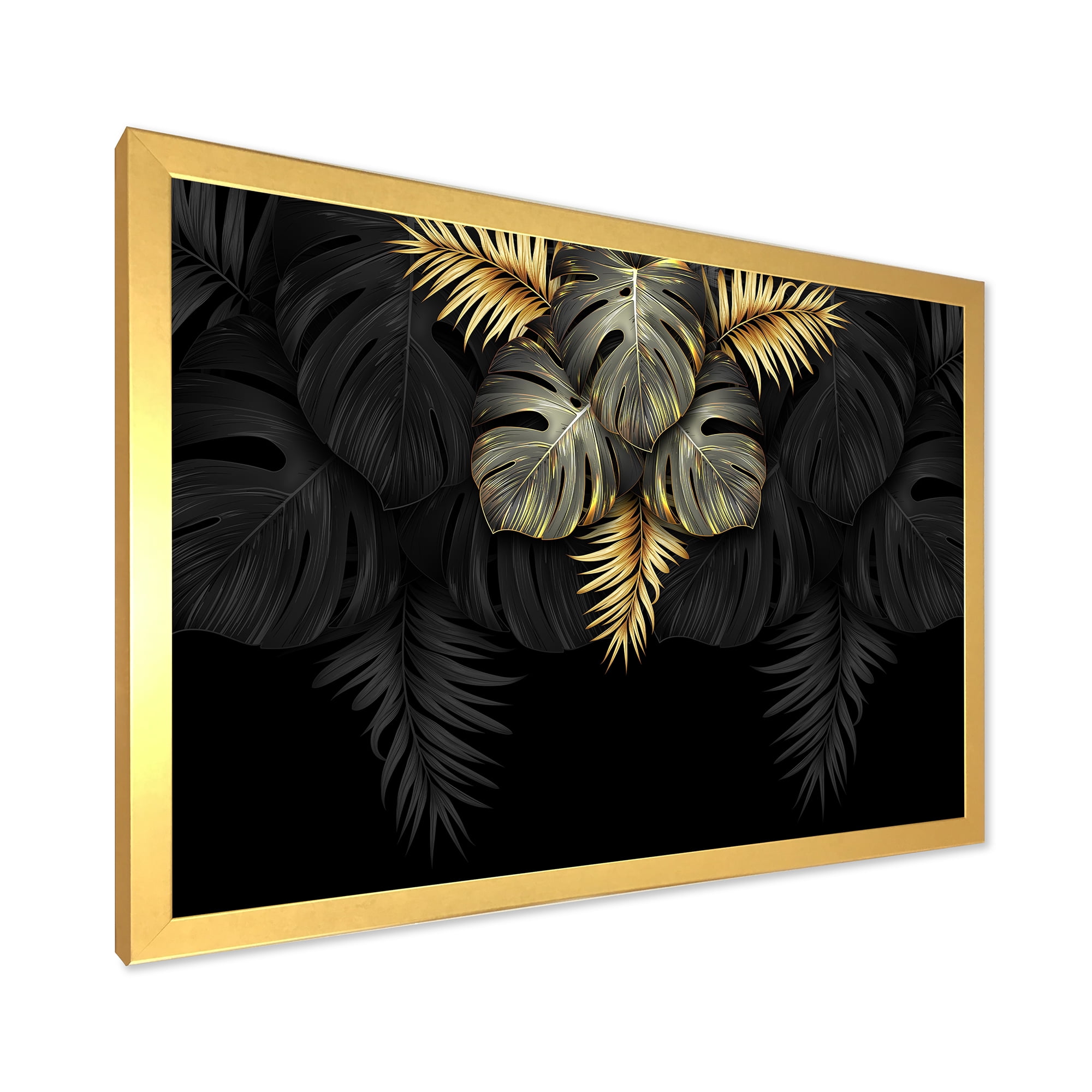 Designart 'Gold and Black Tropical Leaves IV' Modern Framed Art Print