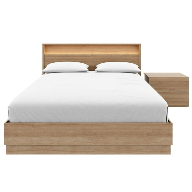 Hudson 3 piece queen size bedroom set including a slatted wood bedframe with illuminated headboard and one two-drawer nightstand in natural finish.