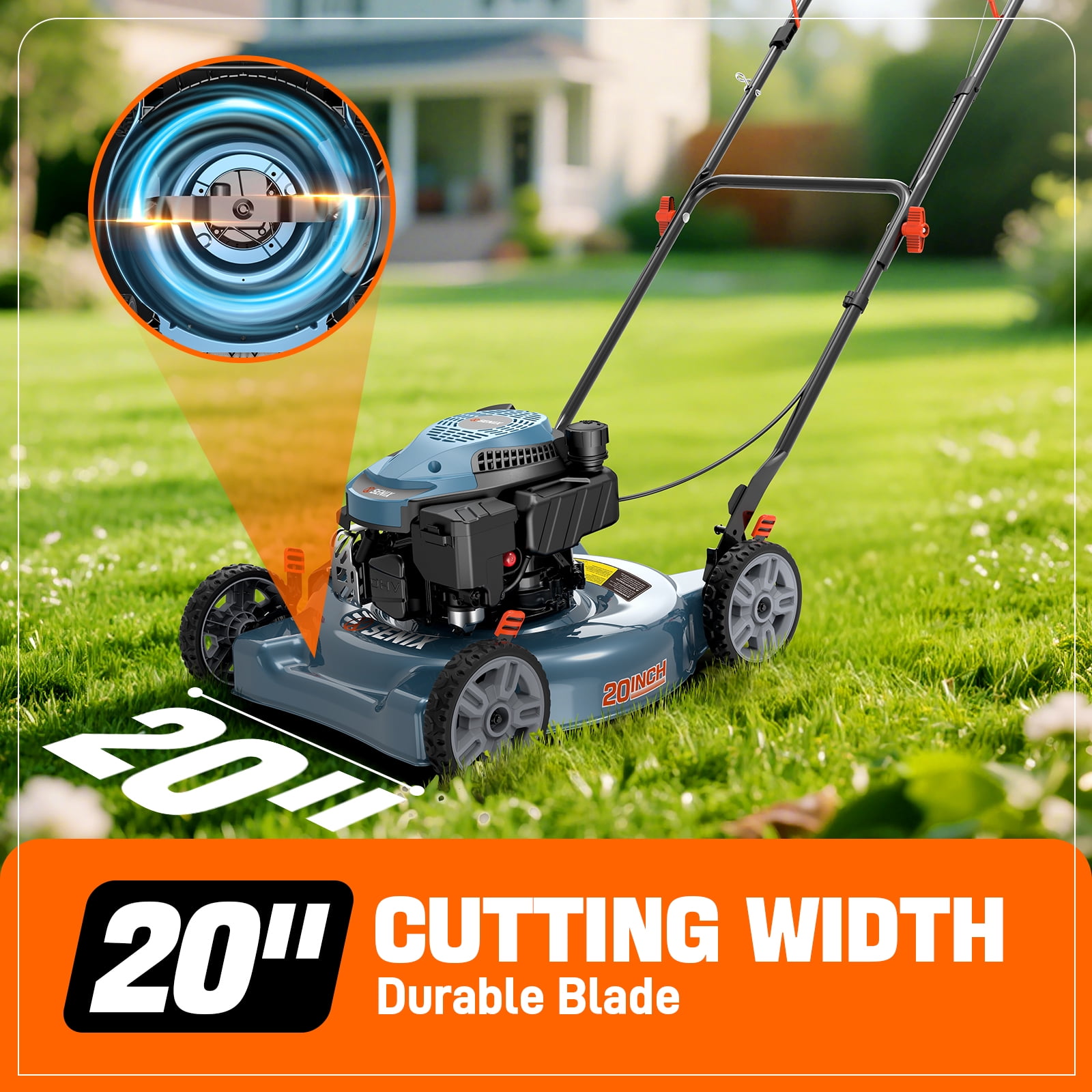 SENIX 4-Tool Combo: 144cc 20" Gas Mower, 20V Cordless 75 CFM Blower, 21" Hedge Trimmer & 10" String Trimmer, Batteries & Chargers Included