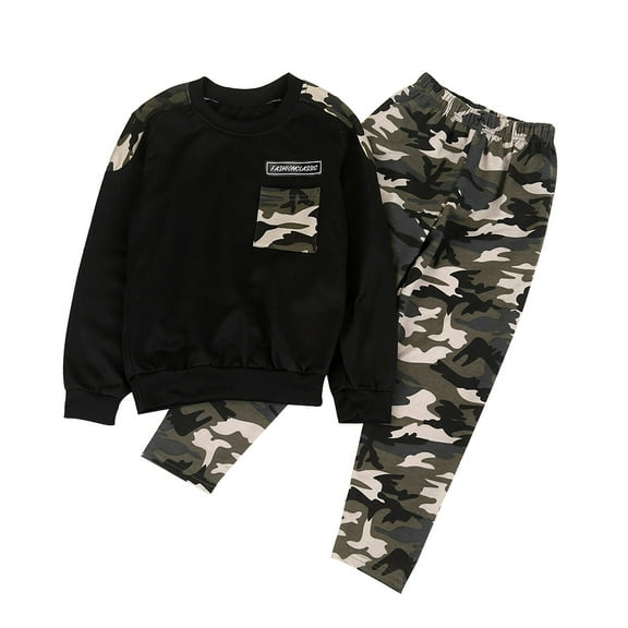 Yuanyu Toddler Kids Boys 2 Pcs Fall Outfit Long Sleeve Tops   Camouflage Pants Outfits Set Baby Sweatsuit Set 1-12 Years