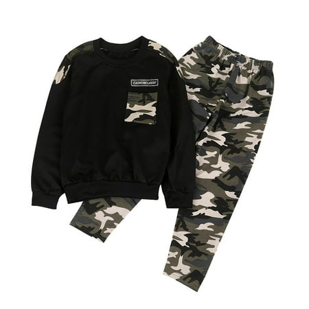 

GYRATEDREAM 1-12T 2PCS Kids Baby Boys Outfit Long Sleeve T-Shirt Cool Tops + Camouflage Pants Fall Winter Outfit Set