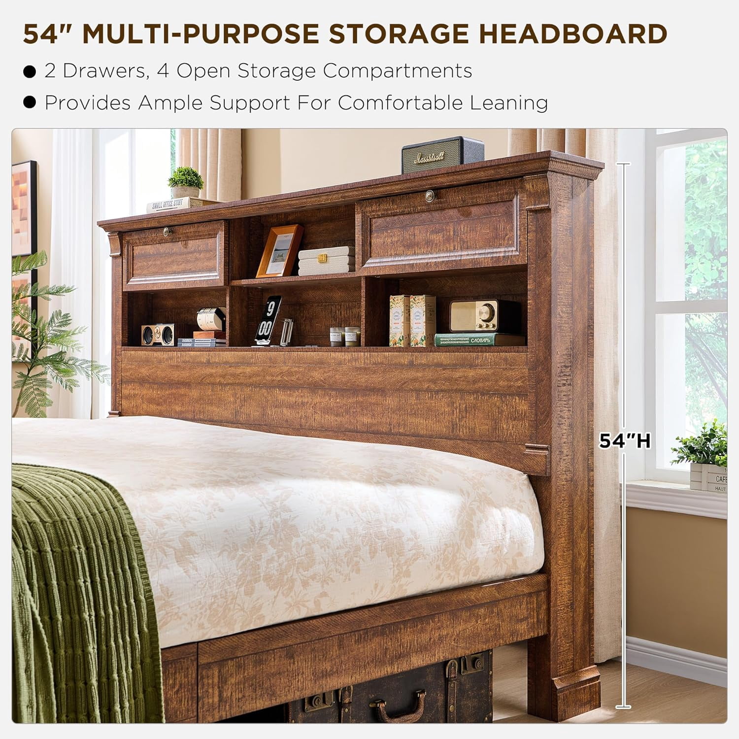KeyWhat Farmhouse Queen Size Bed Frame with 54" Tall Storage Bookcase Headboard, Wood Platform Bed Frame with 2 Drawers, No Box Spring Needed, Reclaimed Barnwood