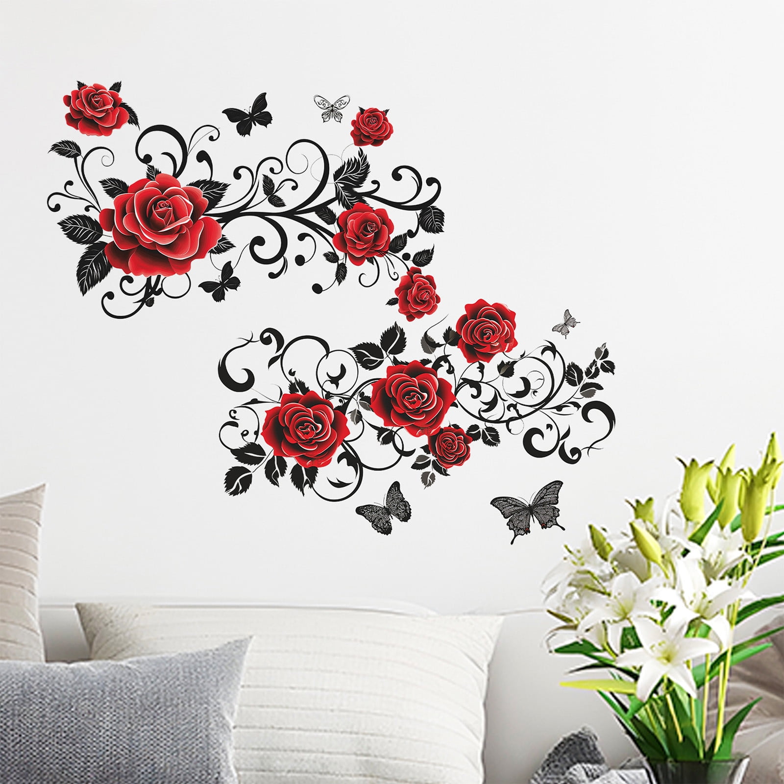 Red Rose Wall Stickers Valentine's Day Flowers Butterfly Wall Sticker,Home Wall Art Decor,Mural Stickers for Wedding Anniversary Party,Bedroom Living Room Background Wall Decoration Wall Stickers