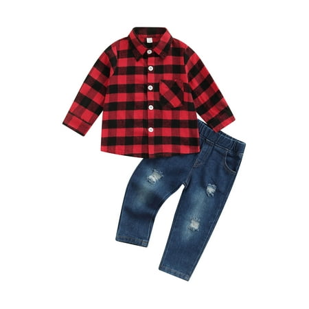 

Yinyinxull Toddler Baby Boy Christmas Outfits Button Down Letter Print Red Plaids Shirt Ripped Denim Pants Jeans Set Merry Christmas 1-2 Years