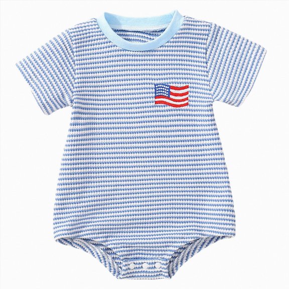 Baby Onesies Boy Newborn Baby Boy Independence Day Outfit Flag Embroidery Waffle Striped Short Sleeve Bubble Romper Summer Bodysuit