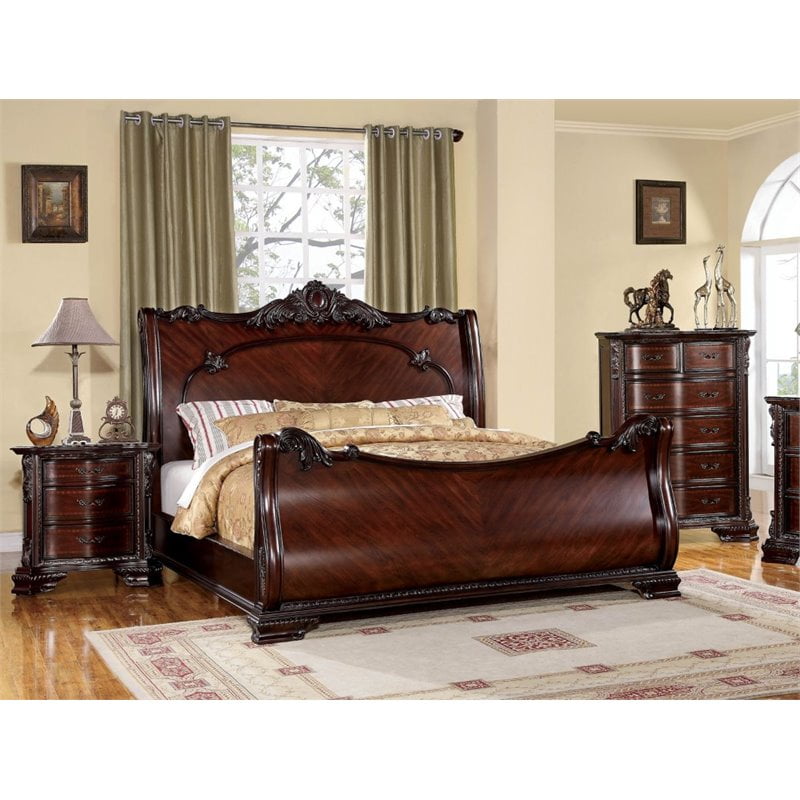 FOA Angelonia 3pc Cherry Solid Wood Bedroom Set Queen + Nightstand + Chest