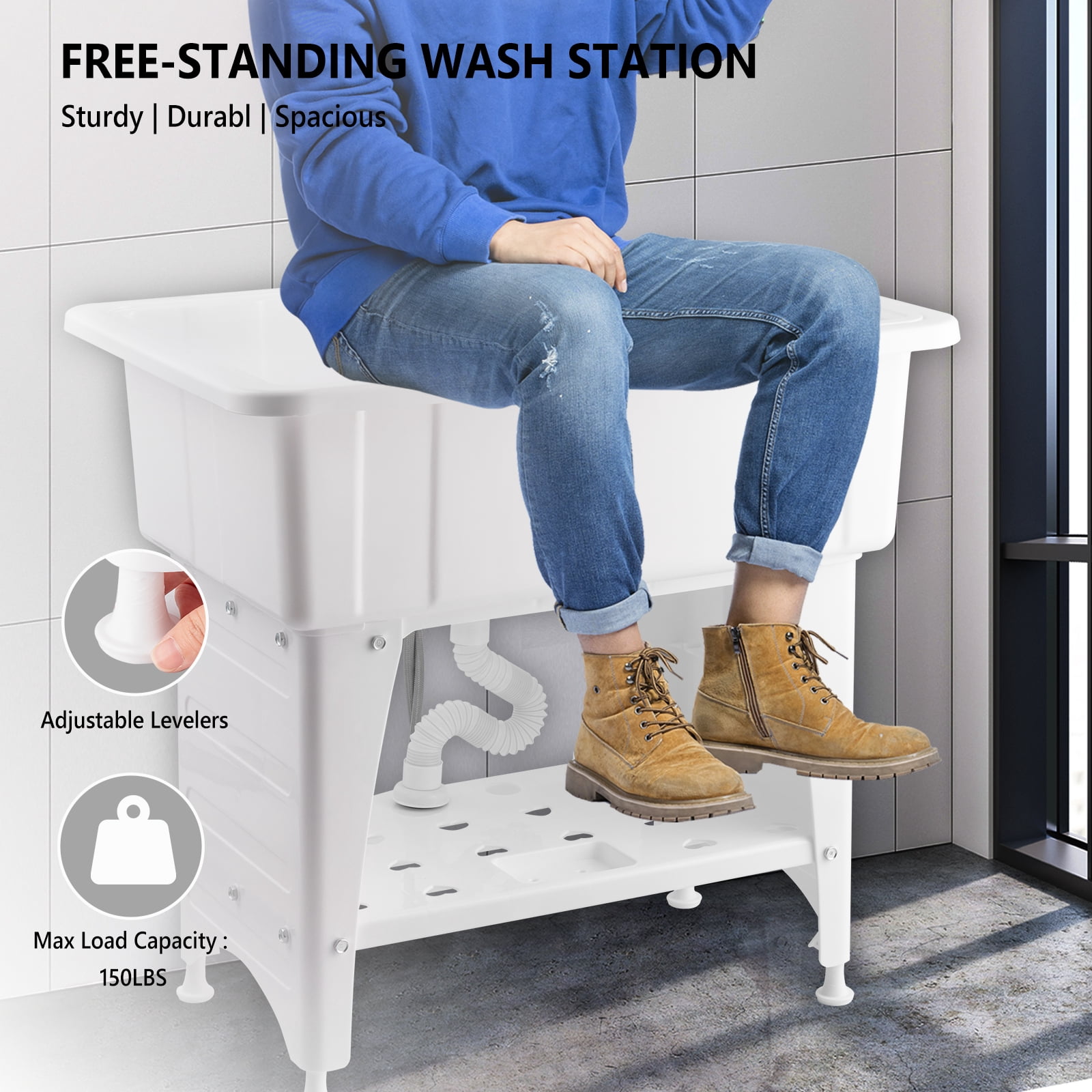 Spacious White Utility Sink Laundry Tub Freestanding Wash Station W/ Shelf, Removable Drainboard, Stainless Steel Faucet