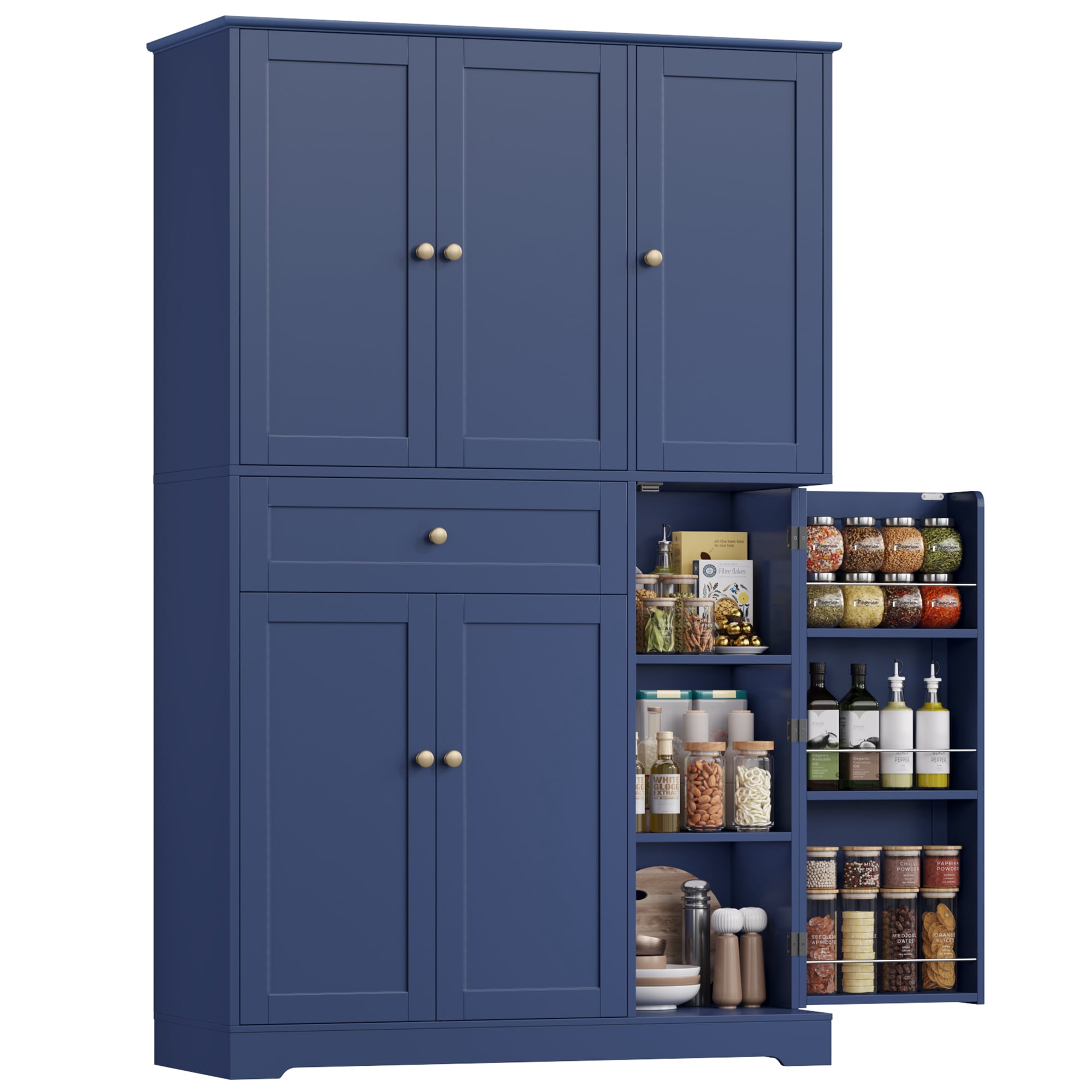 Homfa Kitchen Pantry Storage Cabinet, 68" Food Pantry Cabinet with Drawer and Door Shelf, 6 Door Freestanding Cupboard Buffet for Dining Room, Blue