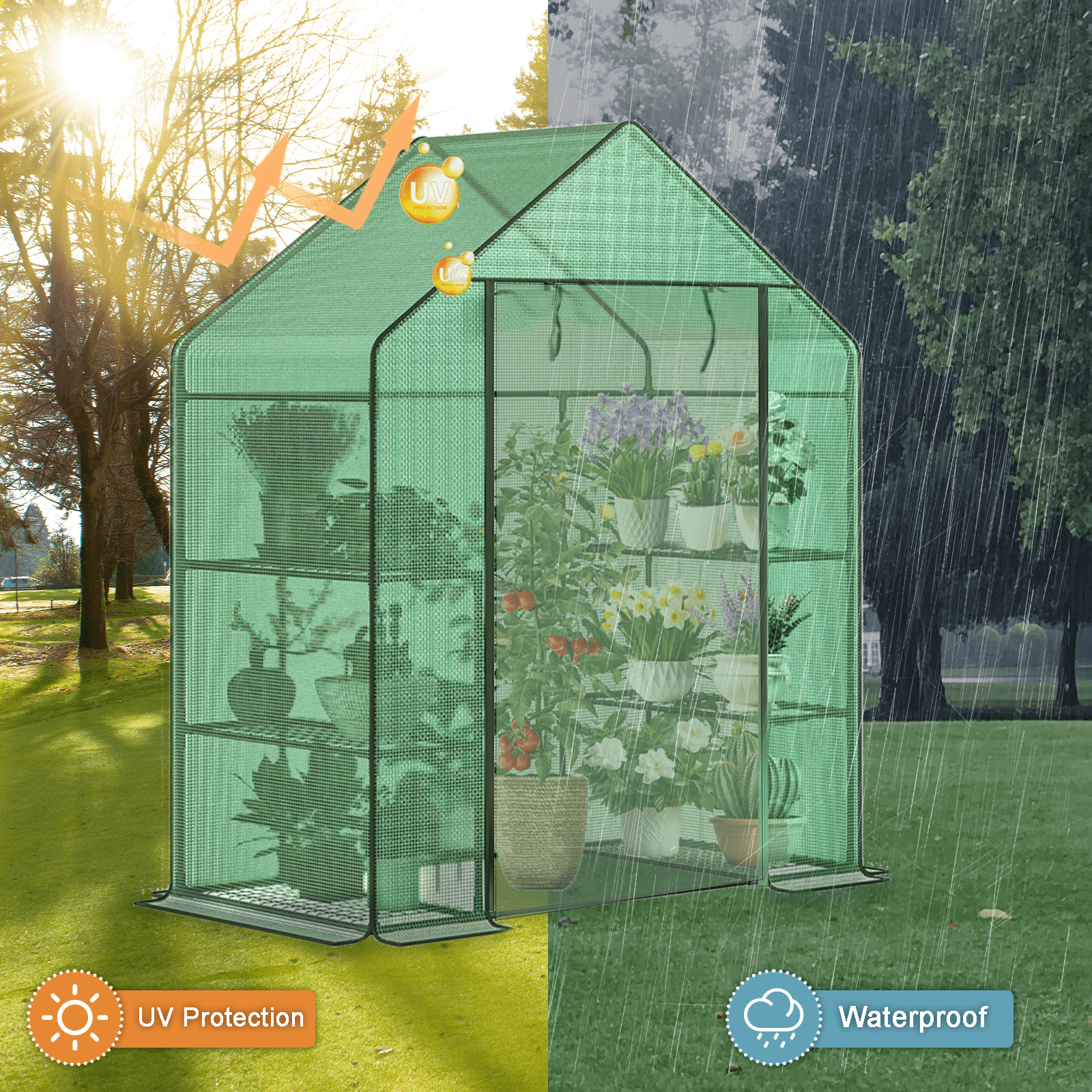 Grezone Small Greenhouse with Anchors and Ropes, 3 Tier 4 Wired Shelves Indoor and Outdoor Greenhouse for Garden/Patio/Backyard/Balcony, Green PE Cover Easy to Assemble