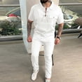 thumbnail image 2 of Conjunto Corto de Hombres 2 Piezas Trajes de Moda Color Sólido Manga Corta Turndown Collar Conjunto, Traje de Ocio con Cordón de Bolsillo, 2 of 5