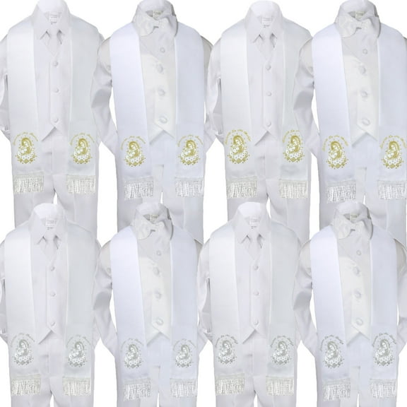 5pc Baby Boy Virgin Mary Pope Stole Baptism White Neck or Bow Tie Vest Suit Sm-7