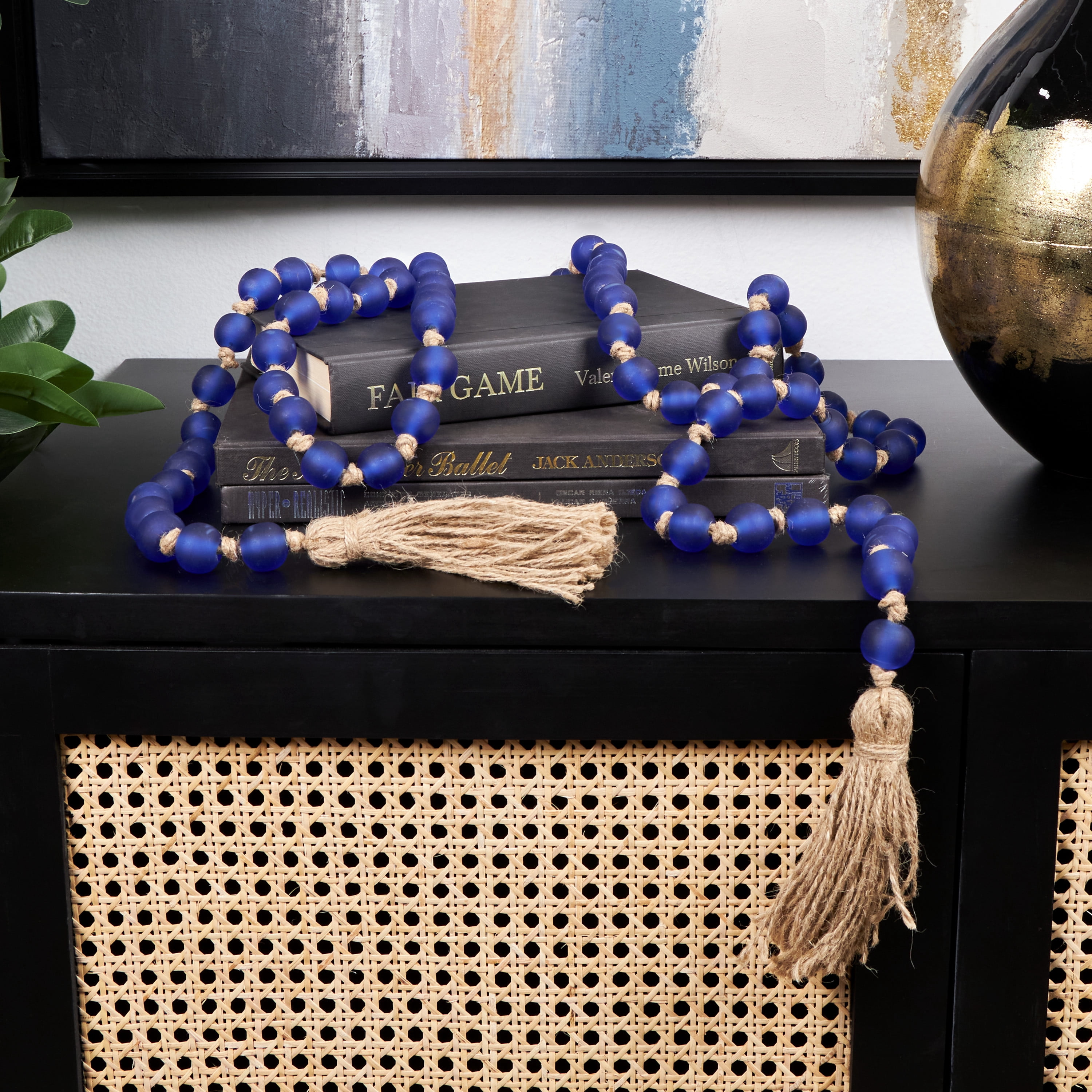 DecMode Handmade Round Long Frosted Beaded Blue Glass Garland with Tassel with Knotted Brown Jute