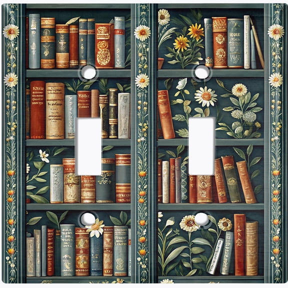 Metal Light Switch Wall Plate Outlet Cover (Printed Image of Rustic Bookshelf - Double Toggle)