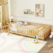 Bellemave Montessori Kids Twin Size Solid Wood Floor Bed with Fence and Door, Natural
