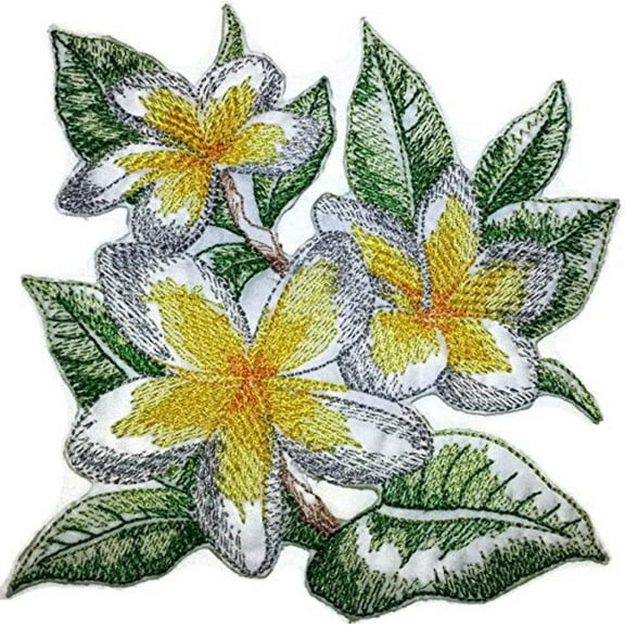 Sketched Frangipani Flowers Embroidered Iron on/Sew patch [4.86" X 4.86"]