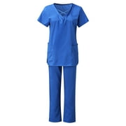 JWZUY Scrub Sets for Woman 2 Piece Working Uniform Short Sleeve Scrubs Tops Blouse Top Long Pants Set Solid Nurses Nursing Top with Pocket, Blue S
