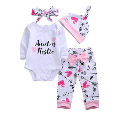 

jaweiw 4Pcs Newborn Infant Baby Boy Girl Clothes Set Long Sleeve Letter Romper + Love Heart Arrow Pants +Bow Headband + Hat