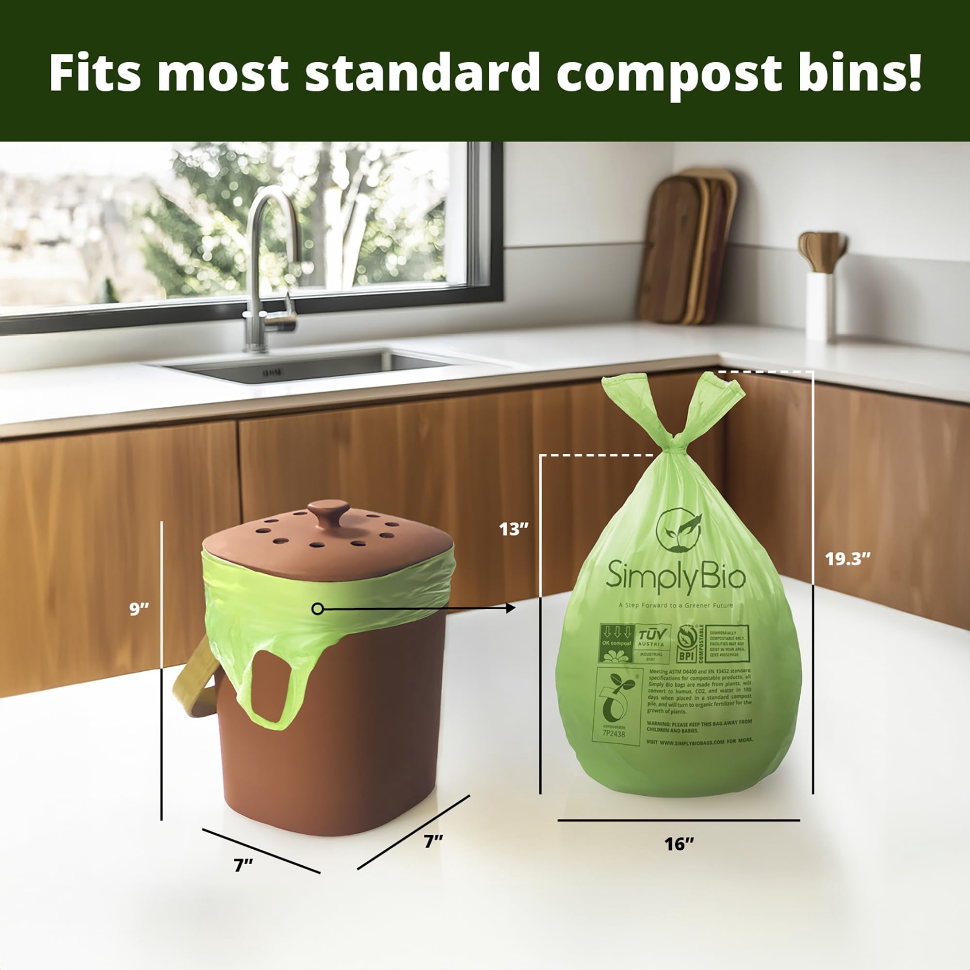 Simply Bio 1.6 Gallon Compostable Trash Bags Drawstring, Heavy Duty Extra Thick 0.6 Mil, 6.06 Liter, 50 Bags, Small Kitchen Food Scrap Waste Bag, ASTM D6400, US BPI and OK Compost Home Certified