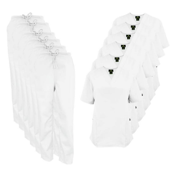 M&M SCRUBS Women Scrub Set V-Neck Medical Scrub Tops and Drawstring Pants - Pack of 6 Set (White, 5X-Large)