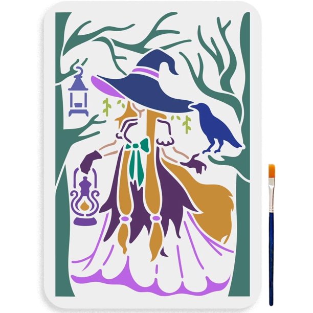 Plantilla de bosque de 11,7 × 8,3 pulgadas, plantilla grande de cuervo mágico con pincel, luces retro, plantilla de bosque de pelo largo