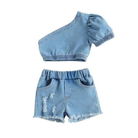 

Citgeett Toddler Kids Baby Girl Denim Shorts Set Off Shoulder Ruffle Top Shirt Ripped Jeans Shorts Summer Clothes Outfits