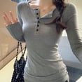 thumbnail image 2 of BUYISI Basic Simple Womens Round neck Long sleeves T-shirt Slim fit Base shirt Top Grey XL, 2 of 9