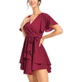 thumbnail image 4 of Aiyino Women's Dress Deep V-Neck Short Sleeve Waist Tie Ruffle Mini Swing Skater Dresses,Wine Red, 4 of 9