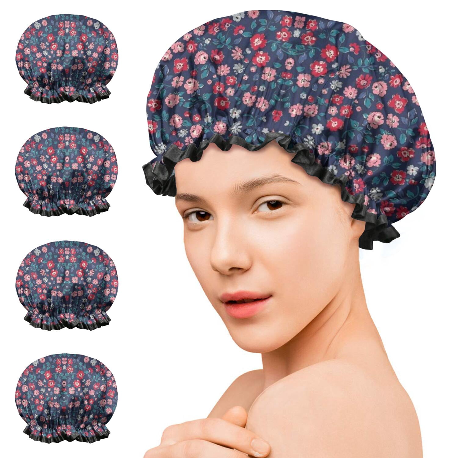 Shower Caps,Pioneer Flower Floral Print Pattern Waterproof Shower Cap for Women 4 Pieces,Double Reusable Hair Cover for Shower PEVA Elastic Stretch Hem