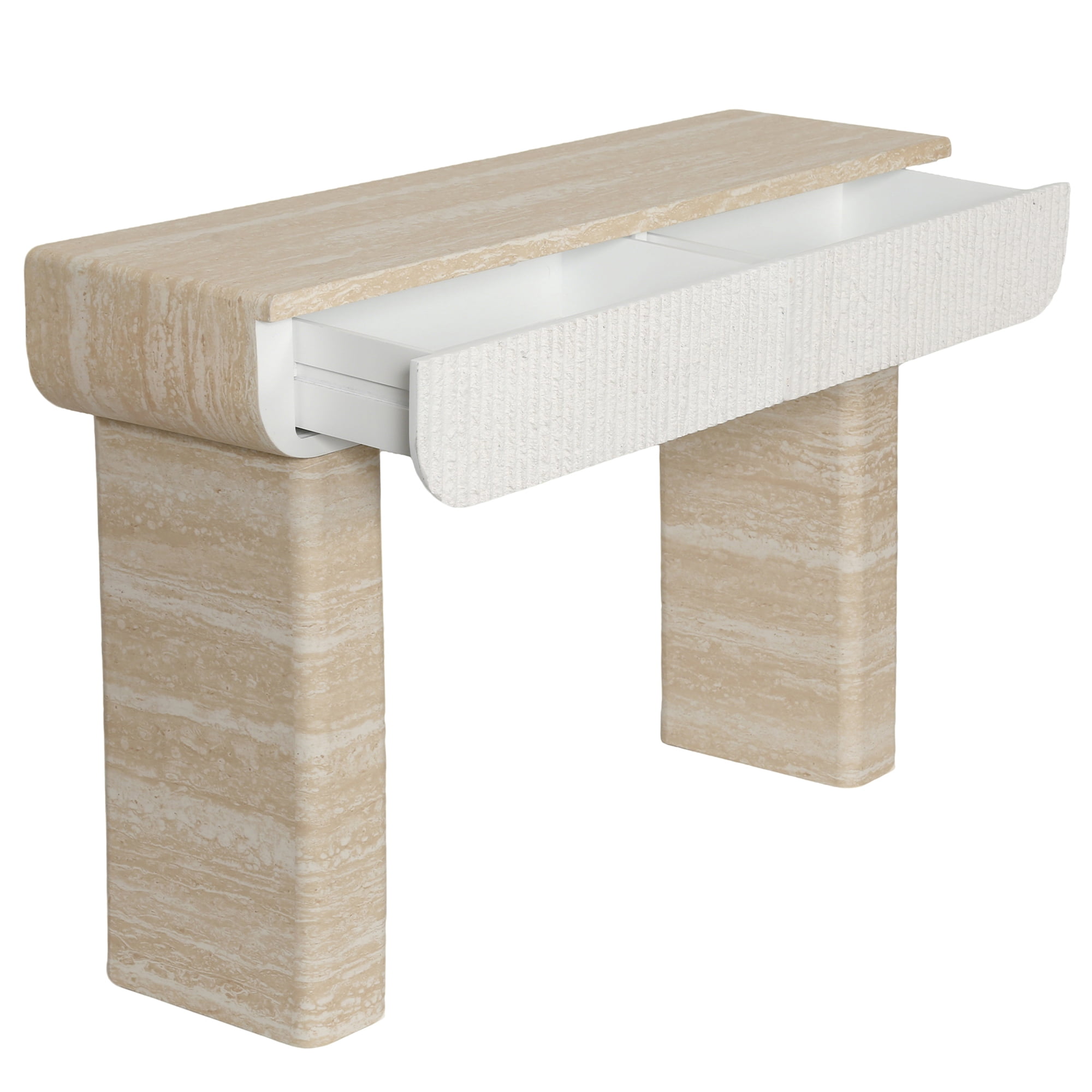 Shaiailed 47" Faux Travertine Console Table with 2 Drawers,Long Entryway Table, Narrow Hallway Table,Foyer table,Contemporary Sofa Table Behind Couch with Storage for Living Room