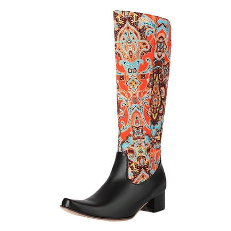 

Cowgirl Boots Cowboy Boots for Women 2023 Foreign Trade Long Boots Women Ethnic Style Embroidery Printed Thigh High Boots Without Knee Color Blocking Long Boots Ladies Fahion Dress Tall Boots