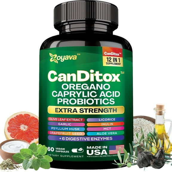 Candida Cleanse Supplement 800mg, Olive Leaf, Black Garlic, Oregano Oil, Psyllium Husk, Grapefruit Seed, Licorice Root, Probiotics, Enzymes Bromelain Amylase Lipase, Natural Blend - 60 Capsules