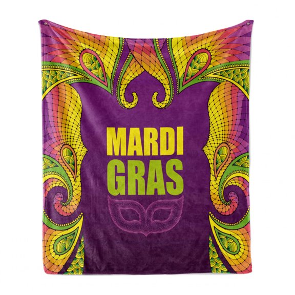 Mardi Gras Soft Flannel Fleece Throw Blanket, Dotwork Style Carnival Colorful Lace Inspired Design Element, Cozy Plush for Indoor and Outdoor Use, 50" x 60", Purple Lime Green Yellow, by Ambesonne