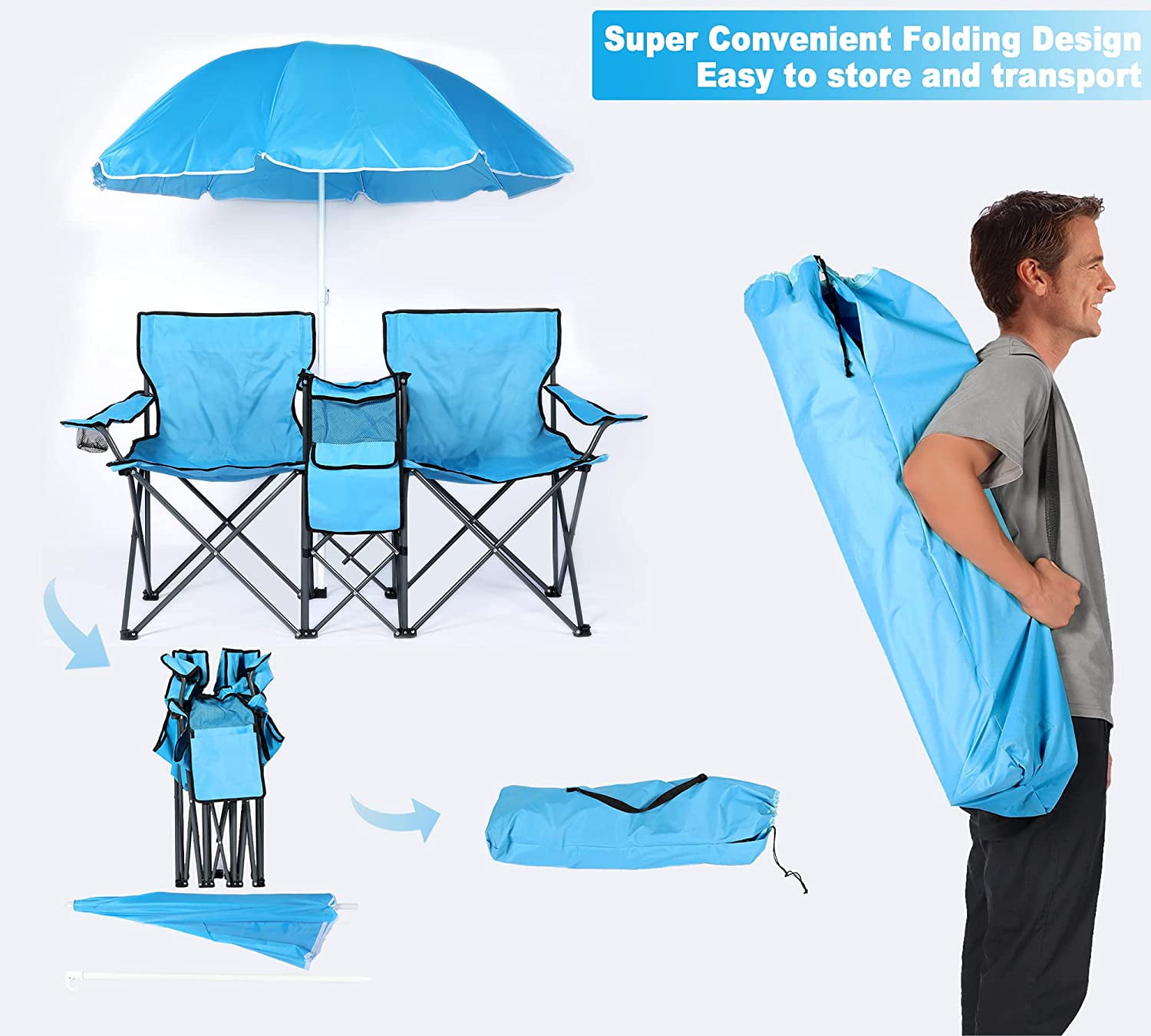 LAZZO Outdoor Double Camping Chair with Umbrella, Portable Folding Beach Chair with Cup Holder, Built-in Cooler and Carry Bag, Blue