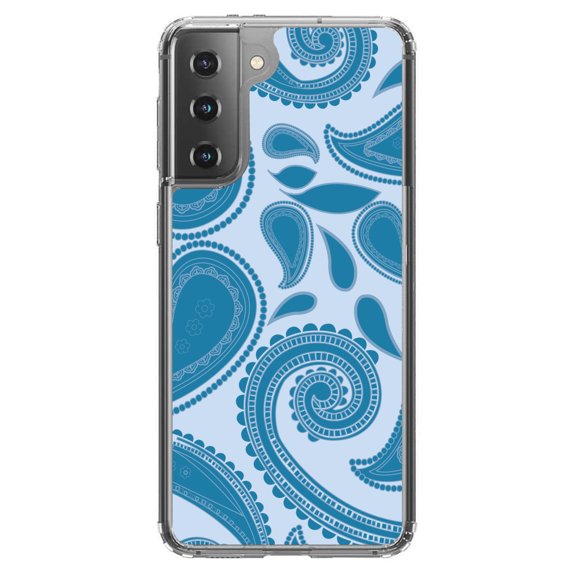 DistinctInk Clear Shockproof Hybrid Case for Galaxy S21 5G (6.2" Screen) - TPU Bumper, Acrylic Back, Tempered Glass Screen Protector - Big Blue Paisley