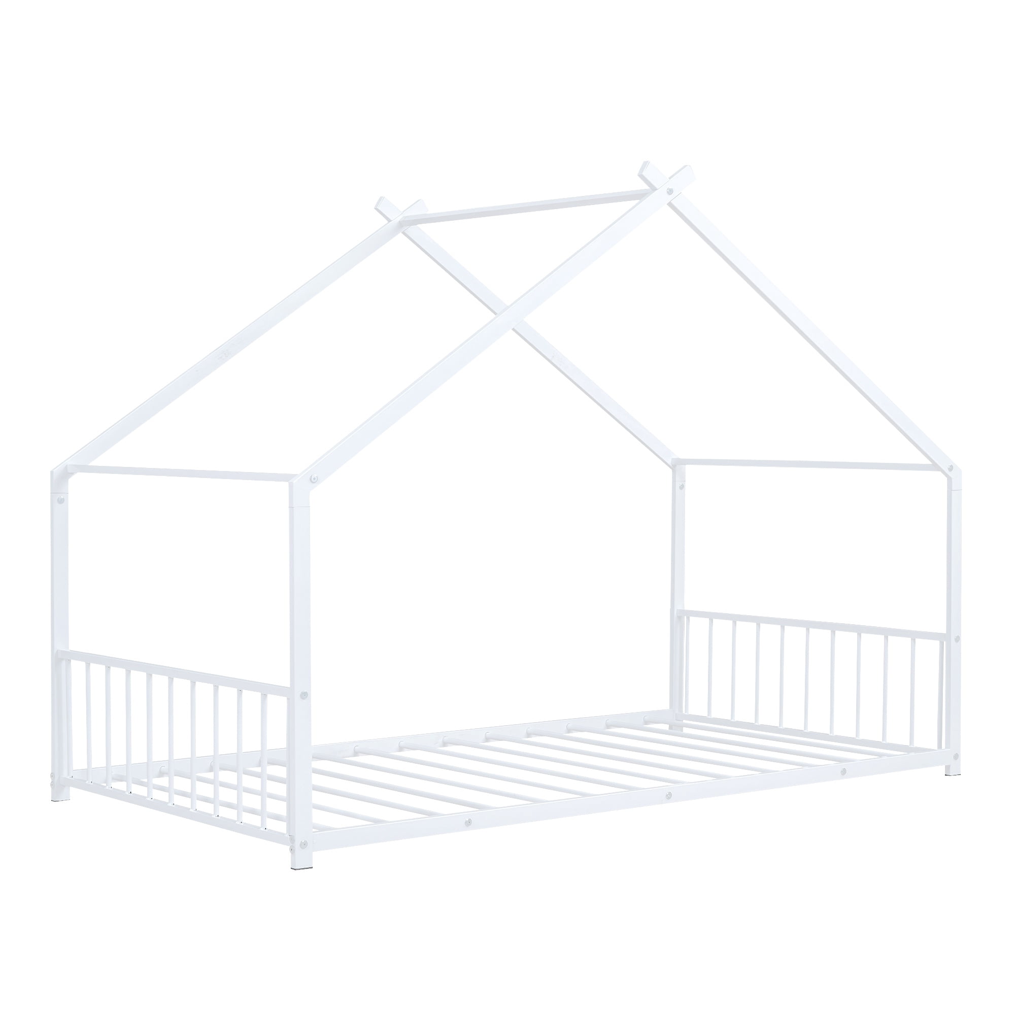 PORKISS Twin Size Floor Bed Frame, Metal House Bed Featuring Roof, Modern Platform Bed with Metal Frame, No Box Spring Needed, Freestanding Montessori Bed for Kids, White