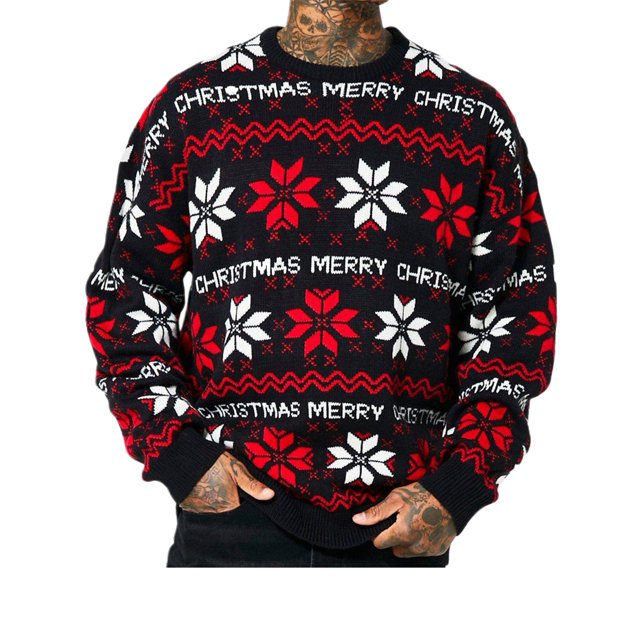 SUNSIOM Men's Christmas Sweater Snowflake Geometric Pattern Drop Shoulder Long Sleeve Round Neck Knitted Pullover