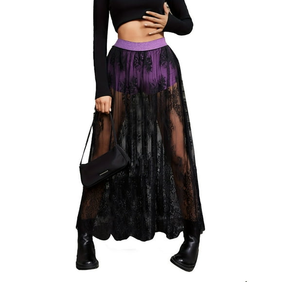 Fgnfyis Glitter Skirts for Women Ladies Nightclub Sheer Pleated Sequin Lace Pencil Skirt High Waist Half Skirt Long Skirts for Women Purple XXL