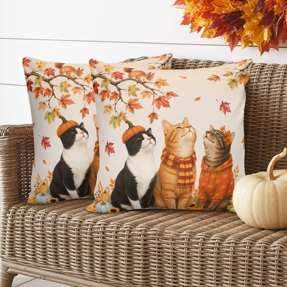 Outdoor Pillow Covers Cat Fall Maple Leaves Squirrel Waterproof Pillow Cases 16x16 Set of 2, Pumpkin Orange Gradient Throw Pillow Cover Pillowcase for Patio Balcony Couch Garden