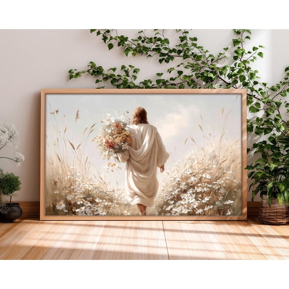 Christian Jesus Walking Jesus Walking On A Wildflower Field With A Bouquet, Religious , Jesus Art, UNFRAMED Poster, Wall Art for Decor, Present, 8x12